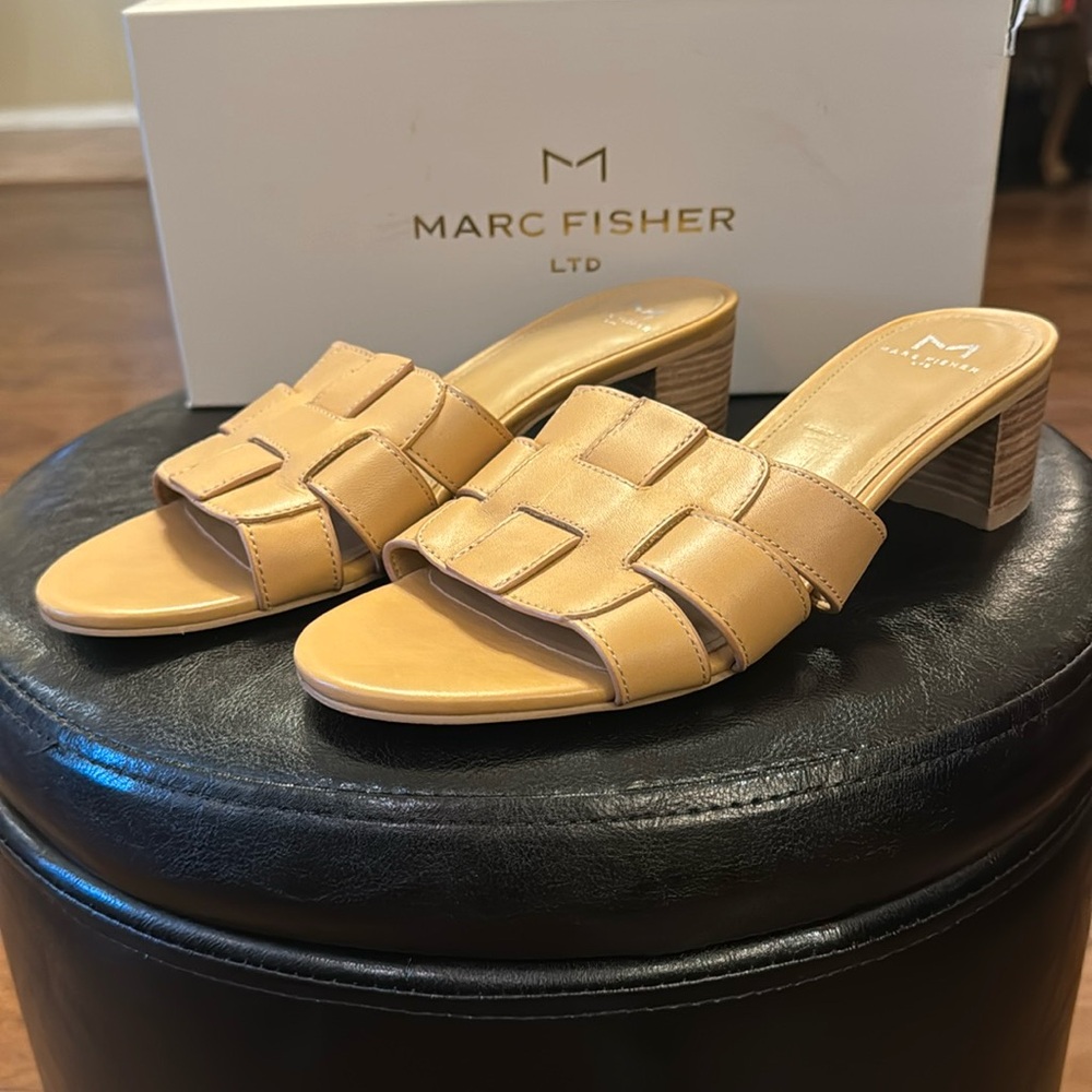 Marc Fisher LTD 9 M, medium natural leather sandal, 2” heel, cute.& comfortable